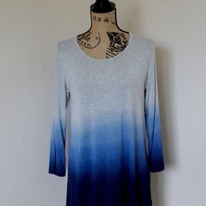Gray Blue Ombre High-Low Three Quarter Sleeve Comfy Casual Tee Shirt Size Small